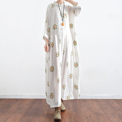 Vintage White Embroidered Chiffon Dresses Long Plus Size Caftans Oversized Gown