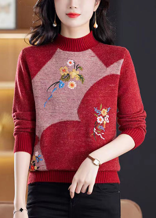 Vintage Wine Red Embroidered Patchwork Knit Sweater Tops Winter