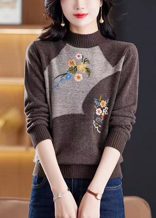 Vintage Wine Red Embroidered Patchwork Knit Sweater Tops Winter