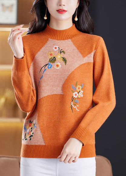 Vintage Wine Red Embroidered Patchwork Knit Sweater Tops Winter