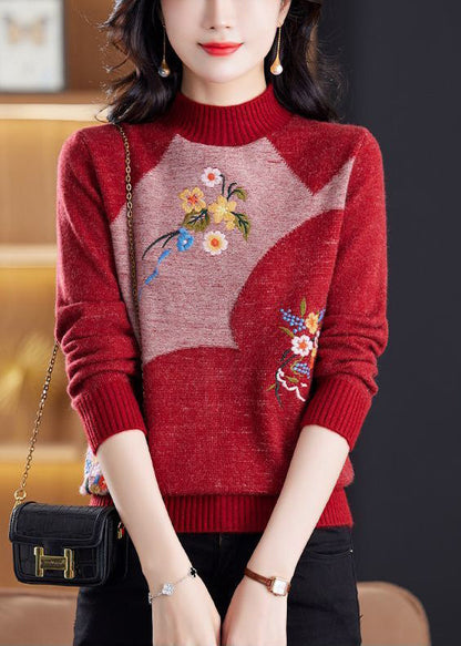 Vintage Wine Red Embroidered Patchwork Knit Sweater Tops Winter