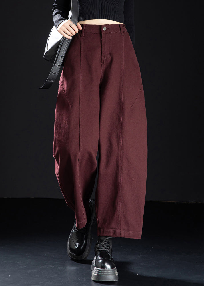 Vintage Wine Red Pockets Elastic Waist Denim Crop Pants Spring