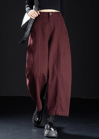 Vintage Wine Red Pockets Elastic Waist Denim Crop Pants Spring