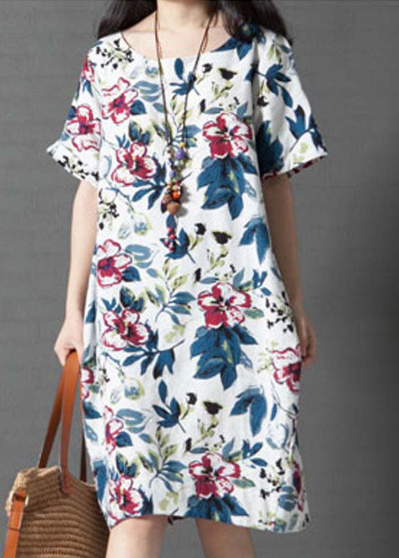Vintage Women Loose Printing Short Sleeve Elegant Dress