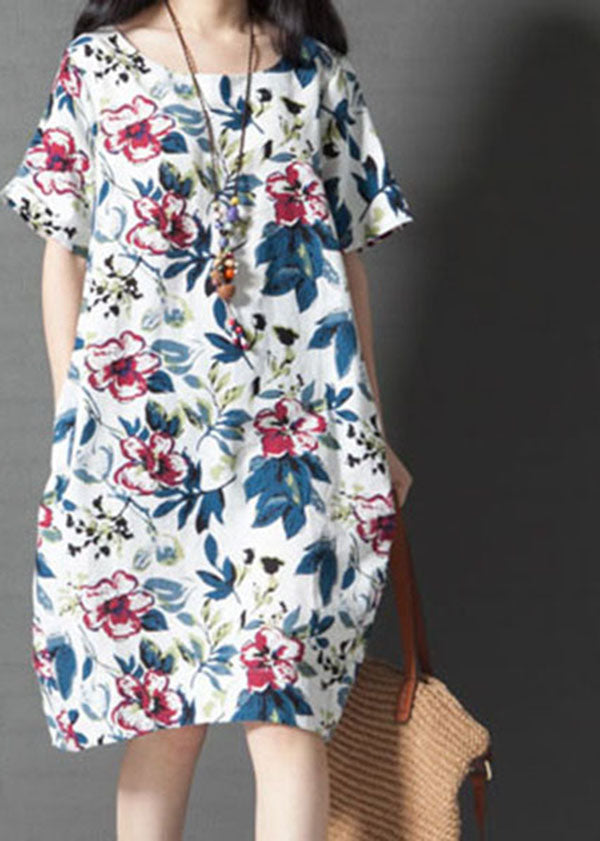 Vintage Women Loose Printing Short Sleeve Elegant Dress