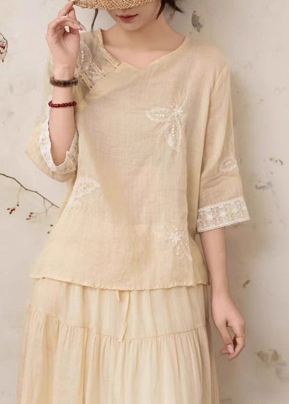 Vintage Yellow Embroidered Nail Bead Linen Shirt Summer