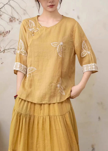 Vintage Yellow Embroidered Nail Bead Linen Shirt Summer