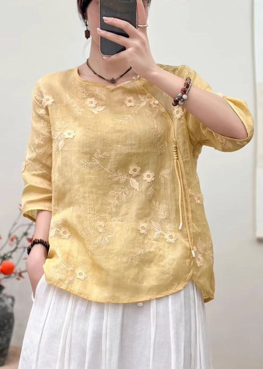 Vintage Yellow Embroidered Tasseled Linen Shirts Summer