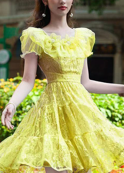 Vintage Yellow Floral Lace Day Dress Summer