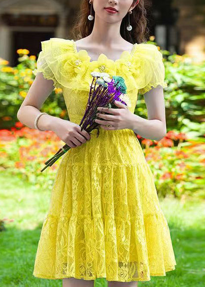 Vintage Yellow Floral Lace Day Dress Summer