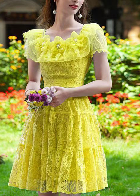 Vintage Yellow Floral Lace Day Dress Summer