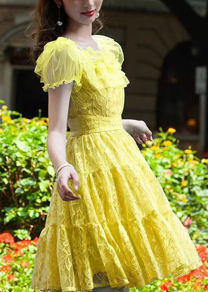Vintage Yellow Floral Lace Day Dress Summer