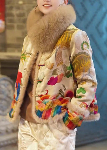 Vintage Yellow Fur Collar Embroidered Fine Cotton Filled Jacket Winter