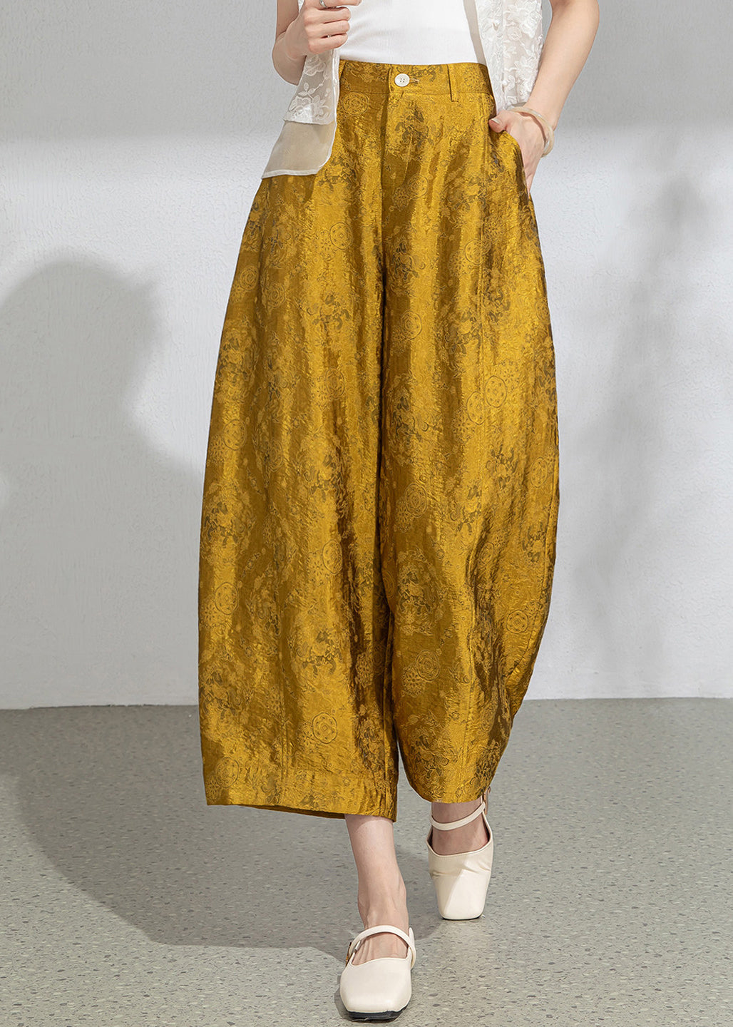 Vintage Yellow Jacquard Pockets High Waist Wide Leg Crop Pants Summer