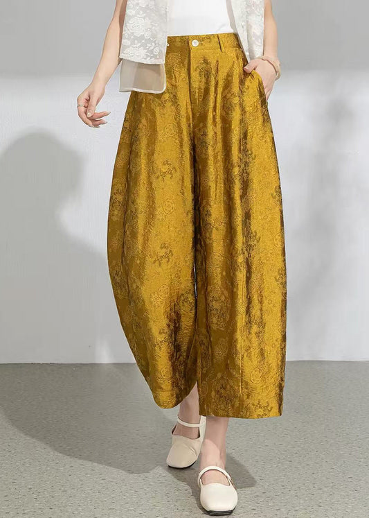 Vintage Yellow Jacquard Pockets High Waist Wide Leg Crop Pants Summer