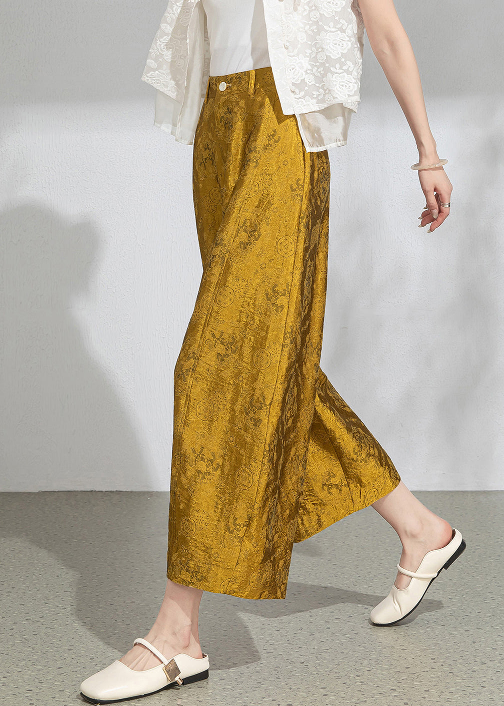 Vintage Yellow Jacquard Pockets High Waist Wide Leg Crop Pants Summer