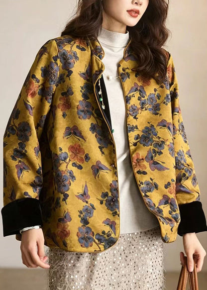 Vintage Yellow Mandarin Collar Jacquard Reversible Jacket Fall