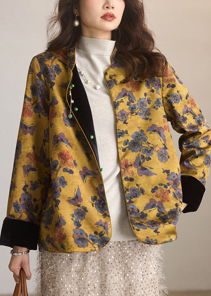 Vintage Yellow Mandarin Collar Jacquard Reversible Jacket Fall