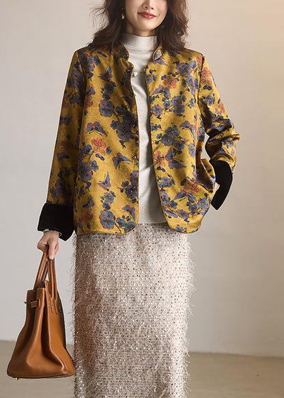 Vintage Yellow Mandarin Collar Jacquard Reversible Jacket Fall