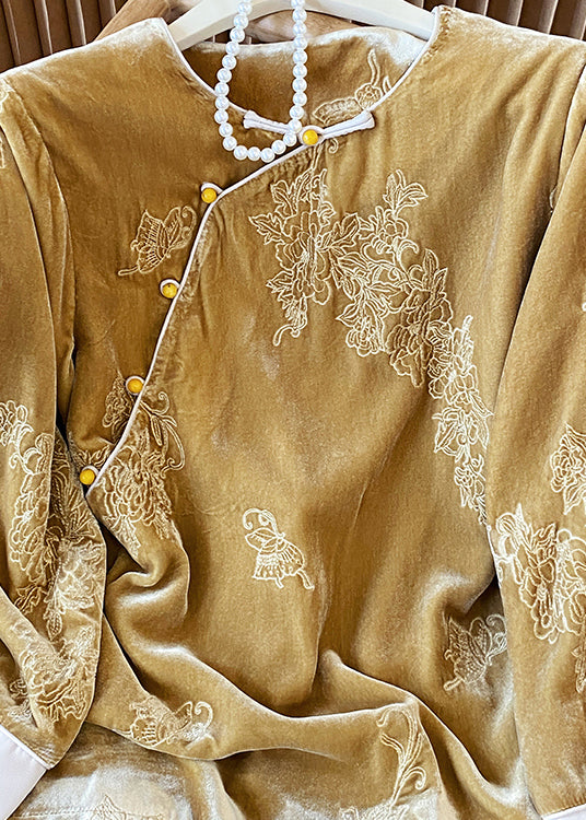 Vintage Yellow Oriental Button Jacquard Velour Shirt Top Spring
