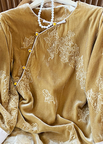 Vintage Yellow Oriental Button Jacquard Velour Shirt Top Spring