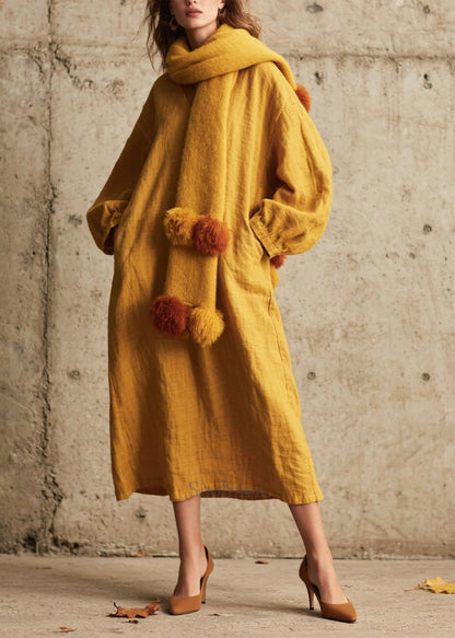 Vintage Yellow Oversized Cotton Ankle Dress Fall