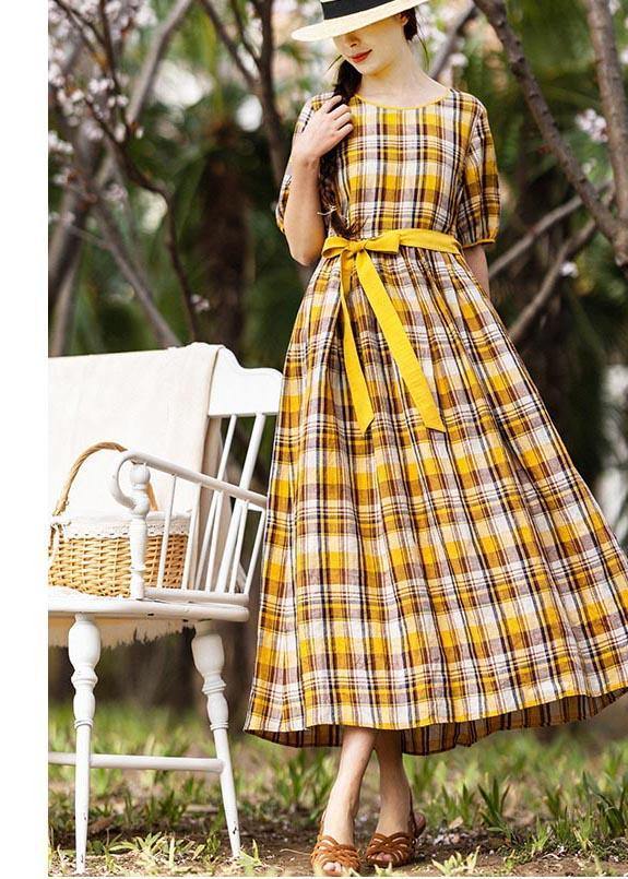 Vintage Yellow Plaid tie waist Mid Summer Linen Dress - SooLinen