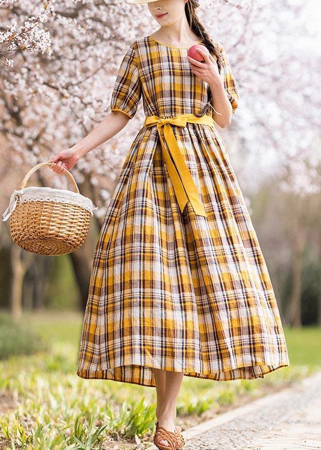 Vintage Yellow Plaid tie waist Mid Summer Linen Dress - SooLinen