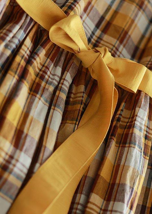 Vintage Yellow Plaid tie waist Mid Summer Linen Dress - SooLinen