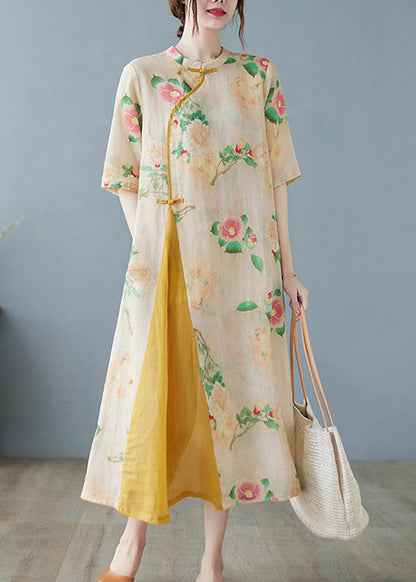 Vintage Yellow Print Patchwork Button Linen Long Dress Half Sleeve