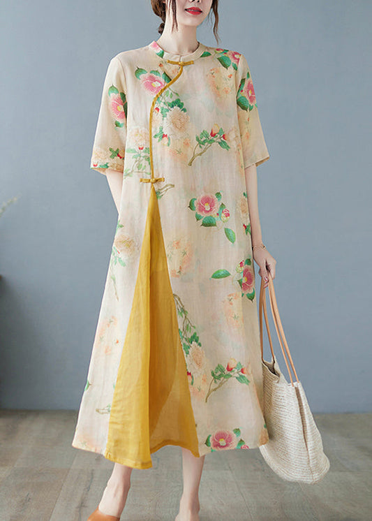 Vintage Yellow Print Patchwork Button Linen Long Dress Half Sleeve