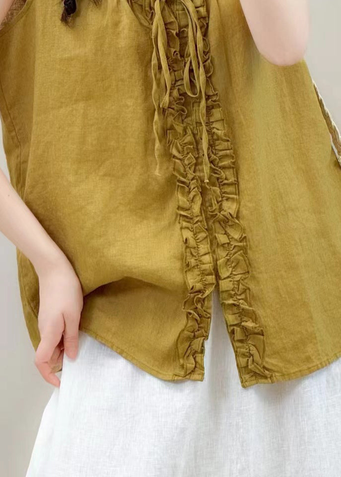 Vintage Yellow Ruffled Linen Shirt Tops Sleeveless