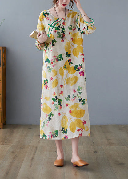 Vintage Yellow Side Open O-Neck Print Cotton Loose Dress Three Quarter sleeve