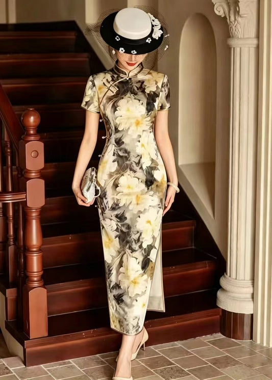 Vintage Yellow Stand Collar Chinese Buttons Print Side Open Dress Short Sleeve