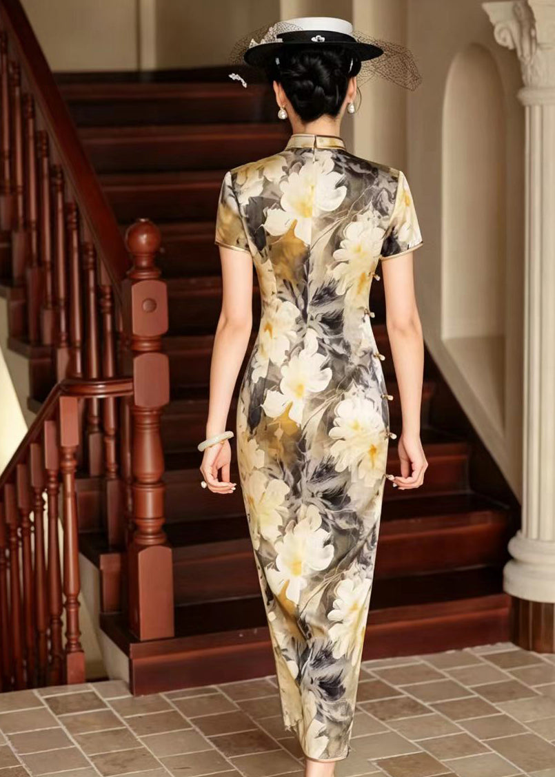 Vintage Yellow Stand Collar Chinese Buttons Print Side Open Dress Short Sleeve