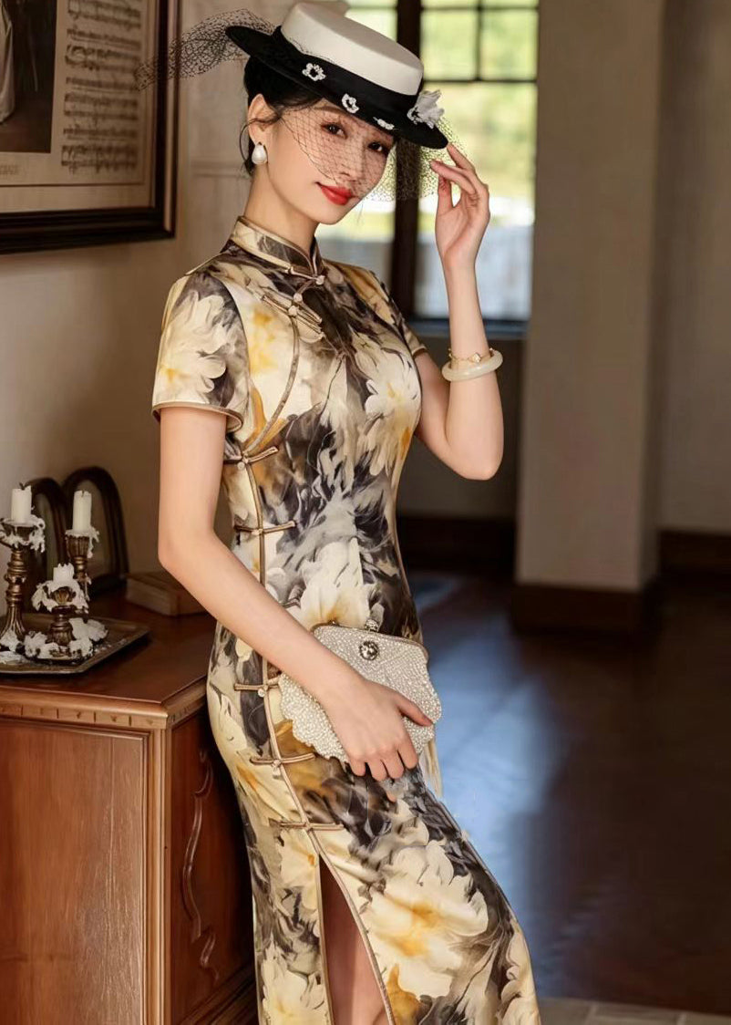 Vintage Yellow Stand Collar Chinese Buttons Print Side Open Dress Short Sleeve