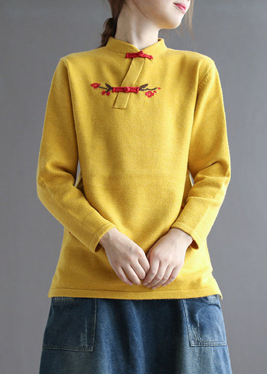 Vintage Yellow Stand Collar low high design Embroideried Knit Sweater Spring