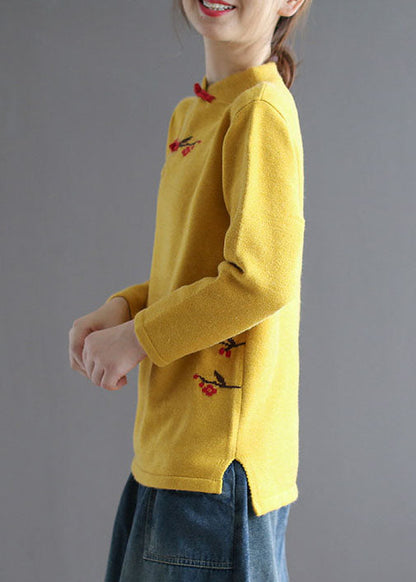 Vintage Yellow Stand Collar low high design Embroideried Knit Sweater Spring