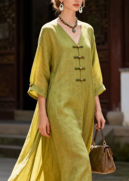 Vintage Yellow V Neck Side Open Solid Long Dresses Summer