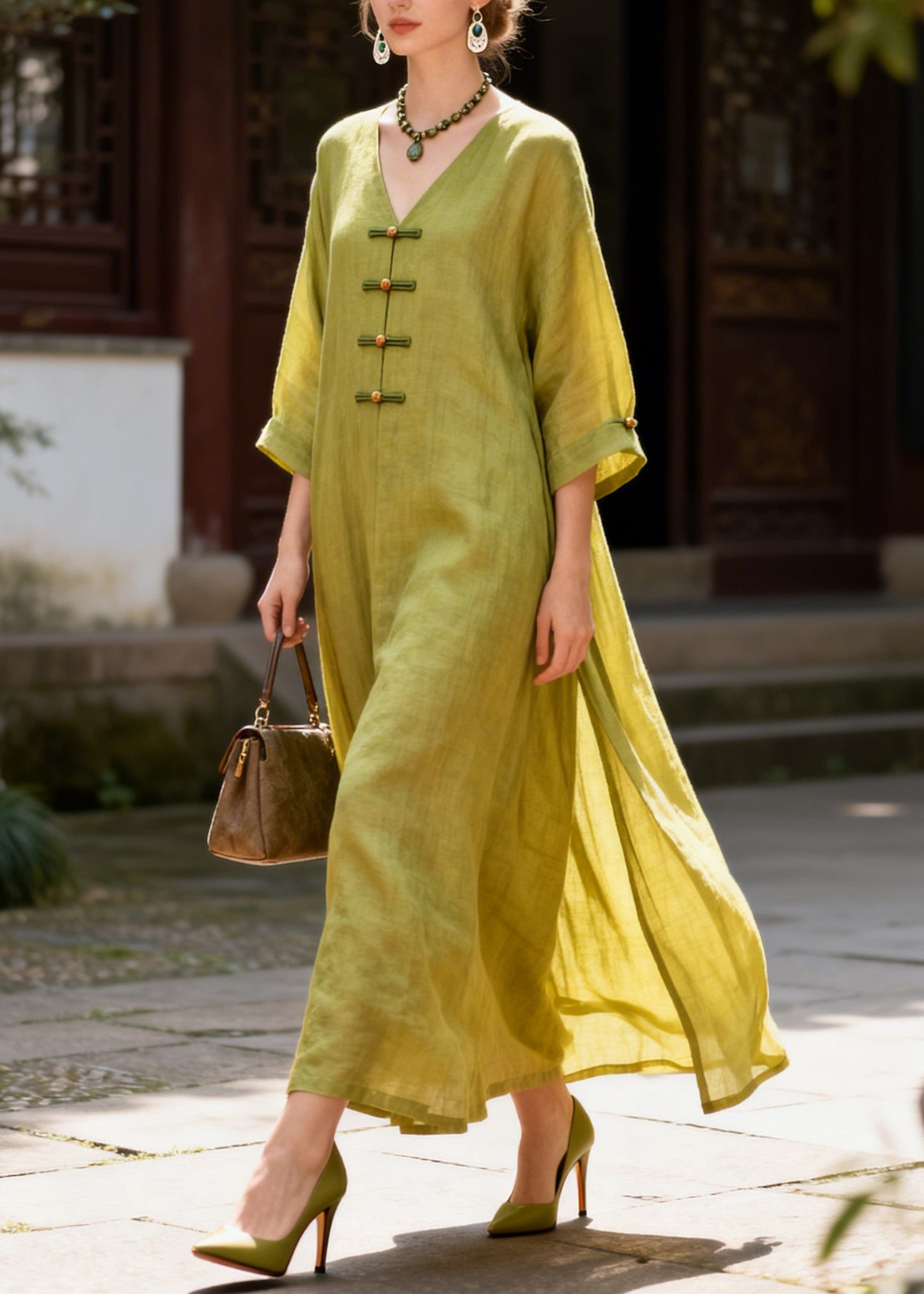 Vintage Yellow V Neck Side Open Solid Long Dresses Summer