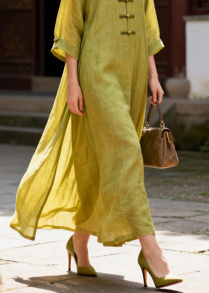 Vintage Yellow V Neck Side Open Solid Long Dresses Summer