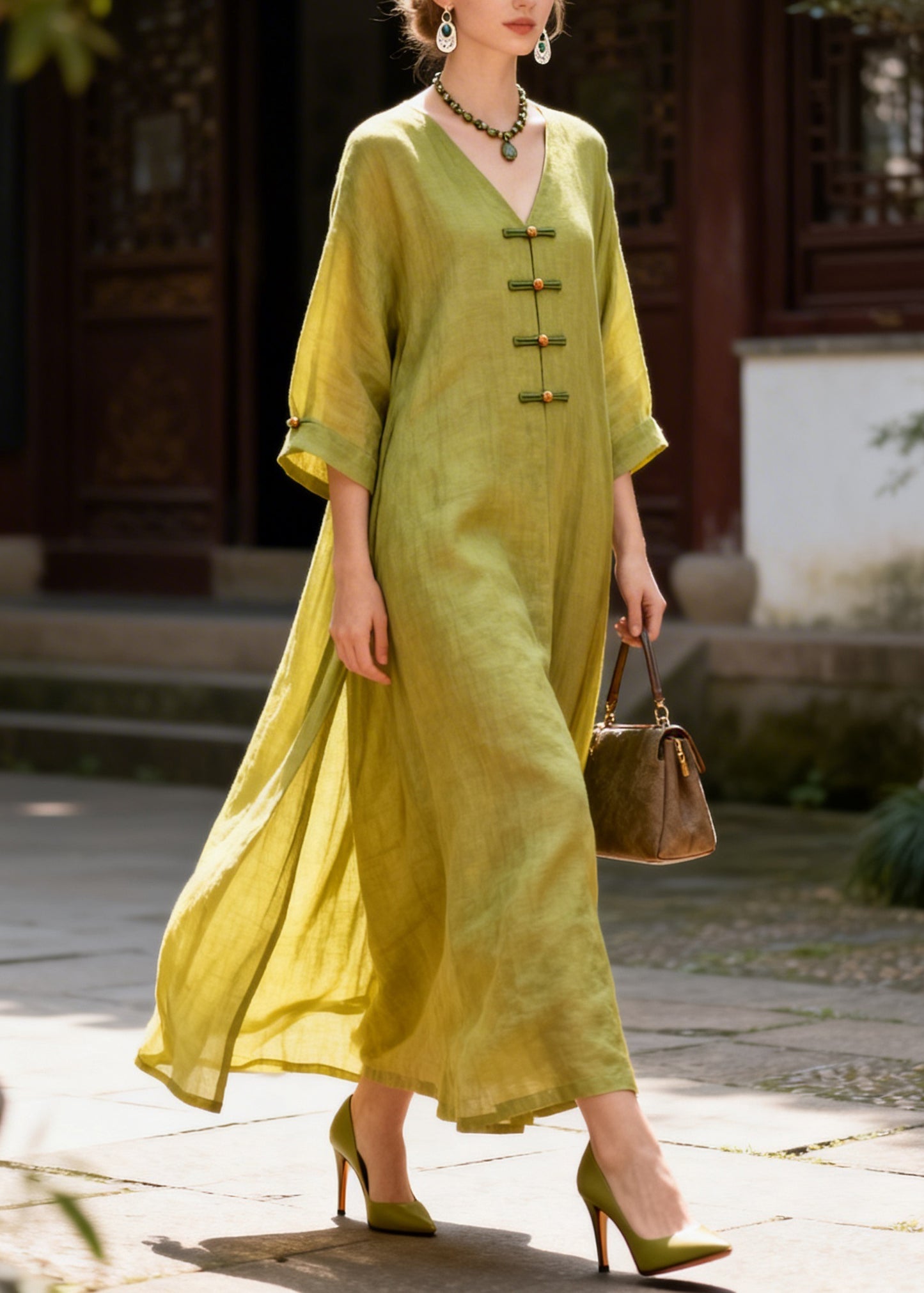 Vintage Yellow V Neck Side Open Solid Long Dresses Summer
