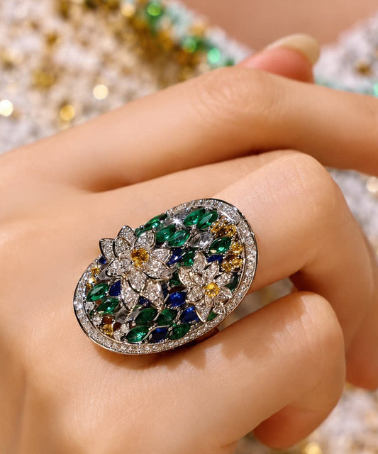 Vintage Zircon Alloy Stereoscopic Floral Open Rings
