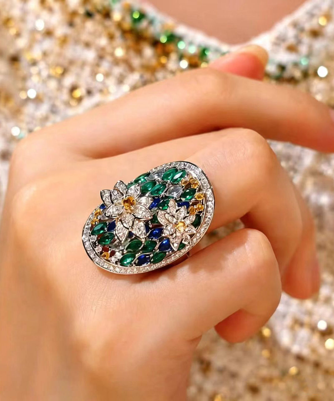 Vintage Zircon Alloy Stereoscopic Floral Open Rings