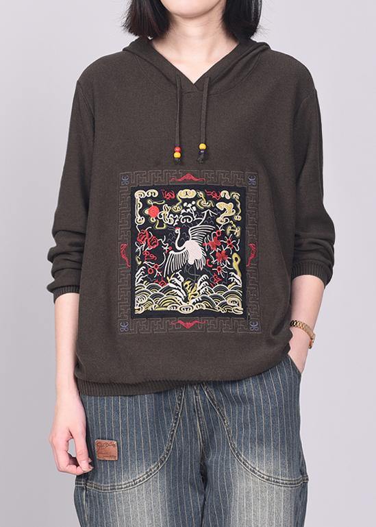 Vintage army brown knit tops casual long sleeve sweater hooded - SooLinen
