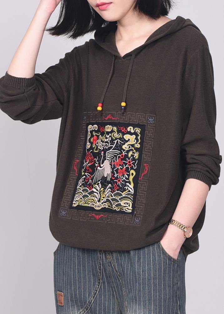 Vintage army brown knit tops casual long sleeve sweater hooded - SooLinen