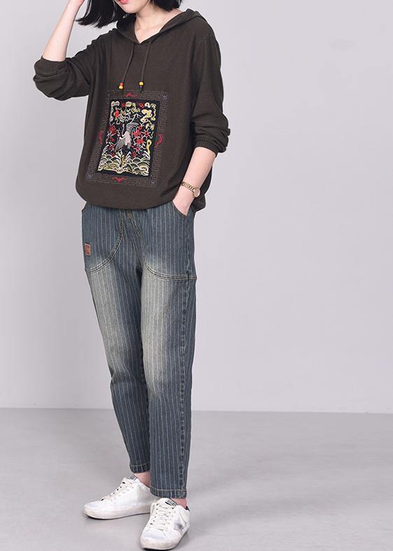 Vintage army brown knit tops casual long sleeve sweater hooded - SooLinen