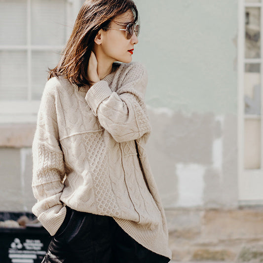 Vintage beige patchwork knitted pullover plus size stand collar knit sweat tops spring