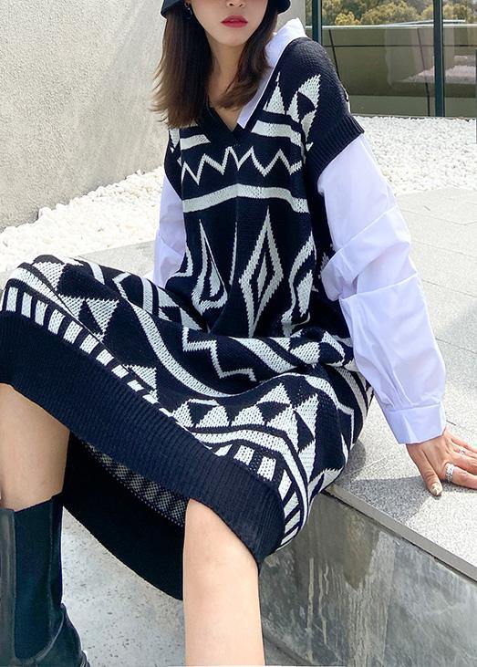 Vintage black Geometric Sweater Wardrobes Beautiful v neck DIY sweater dress - SooLinen