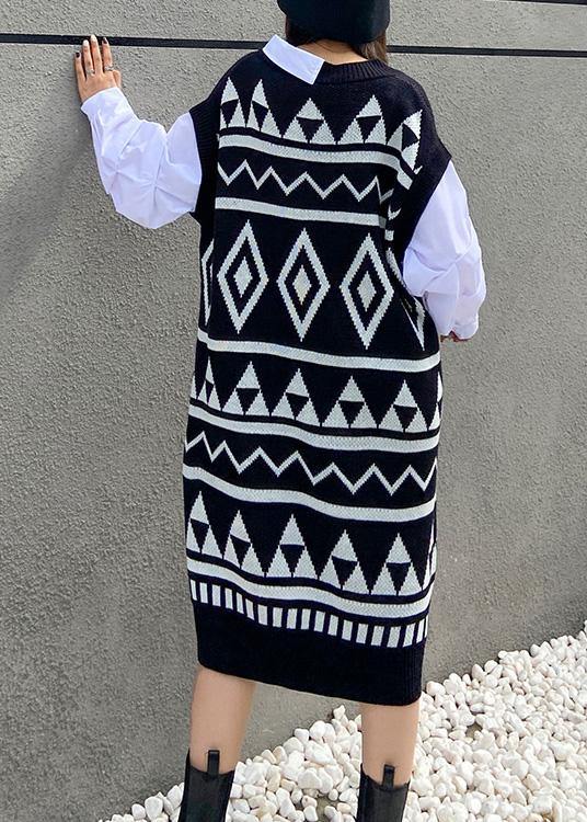 Vintage black Geometric Sweater Wardrobes Beautiful v neck DIY sweater dress - SooLinen